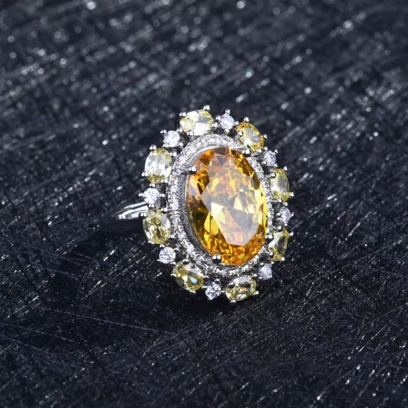 New Silver Round Amber Diamond Adjustable Ring - Picture 2 of 4